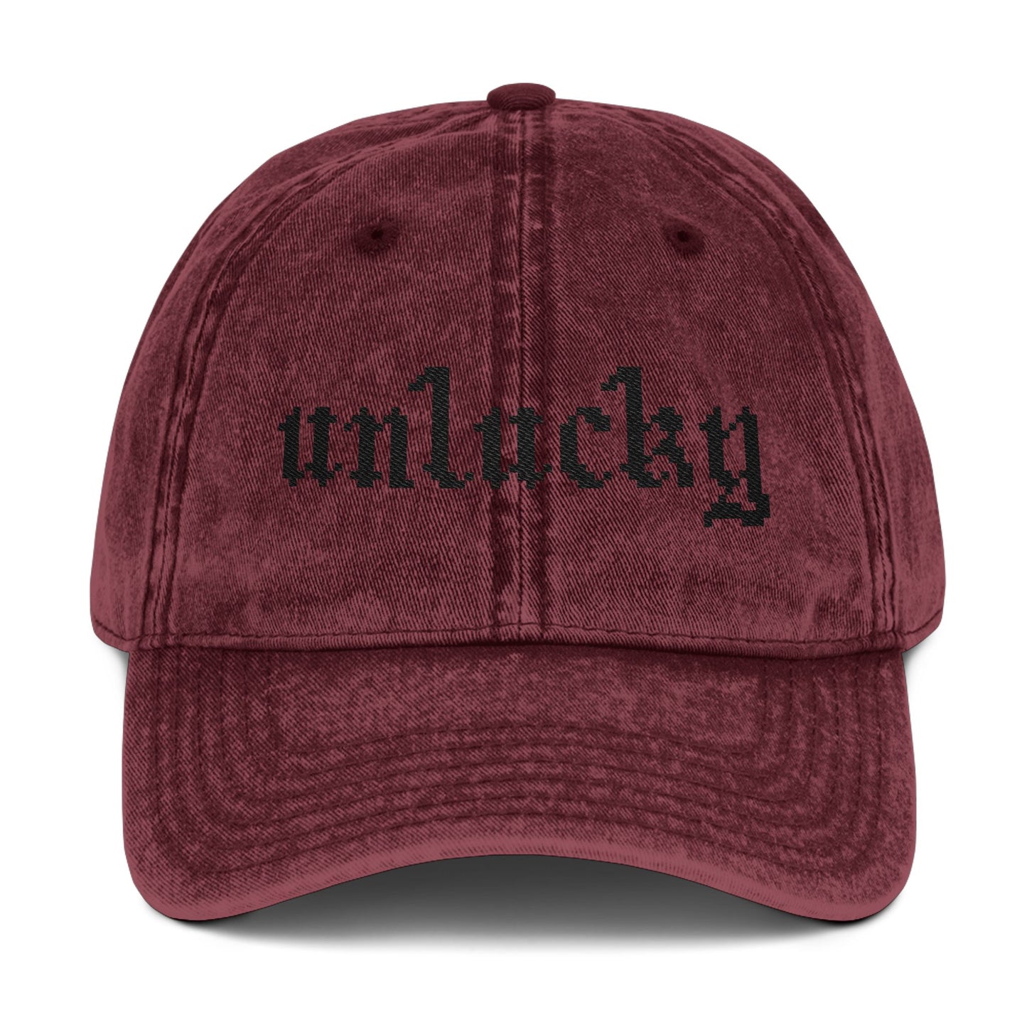 unlucky hat - black text.