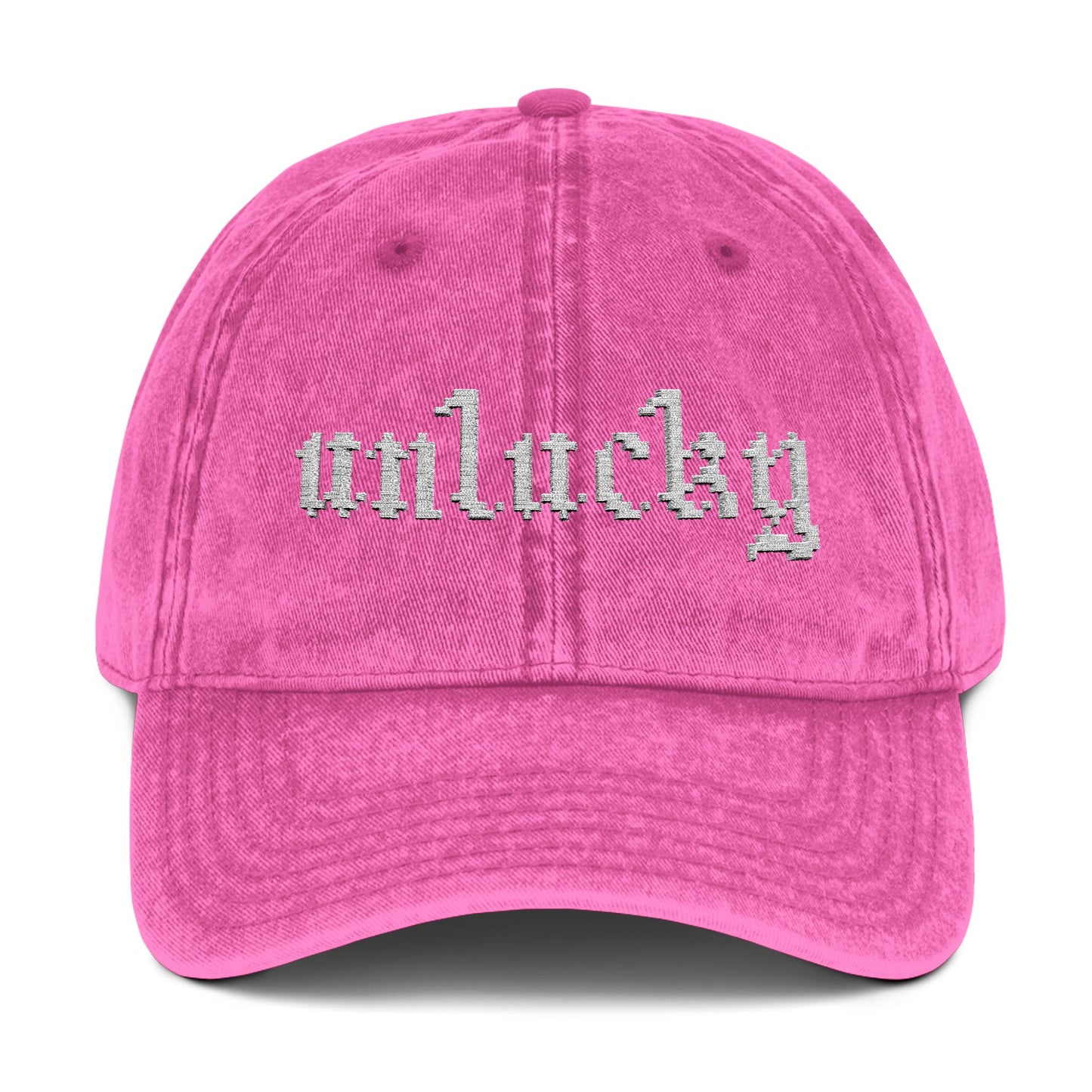 unlucky hat - white text.