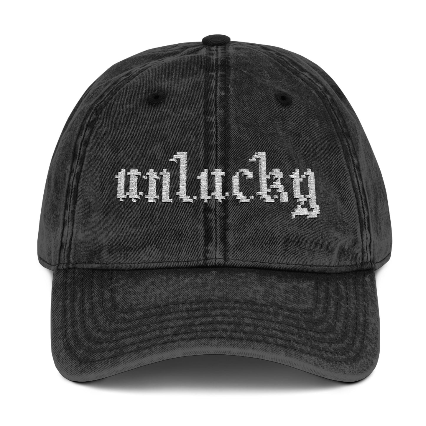 unlucky hat - white text.
