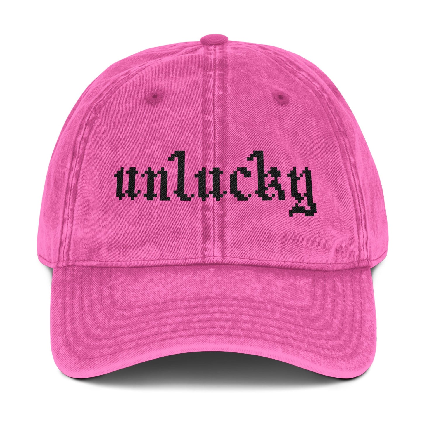 unlucky hat - black text.