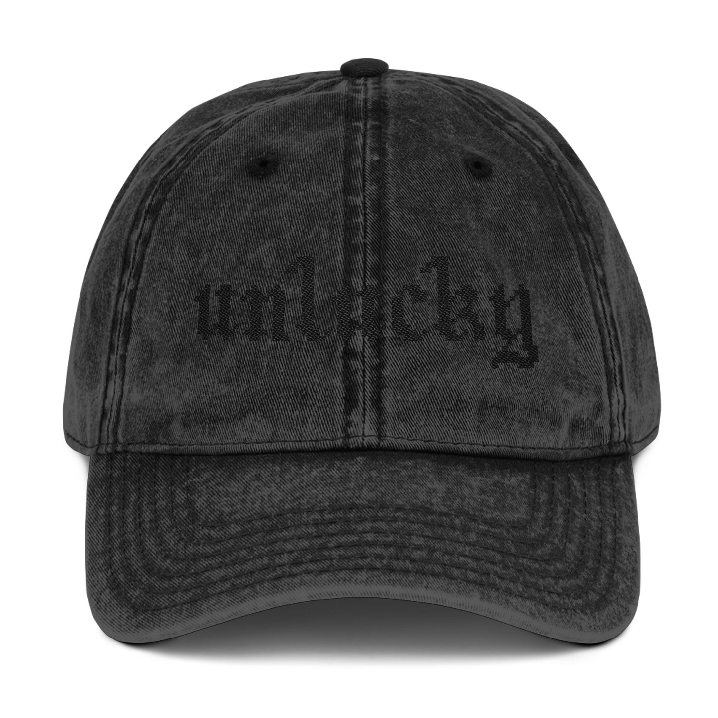 unlucky hat - black text.