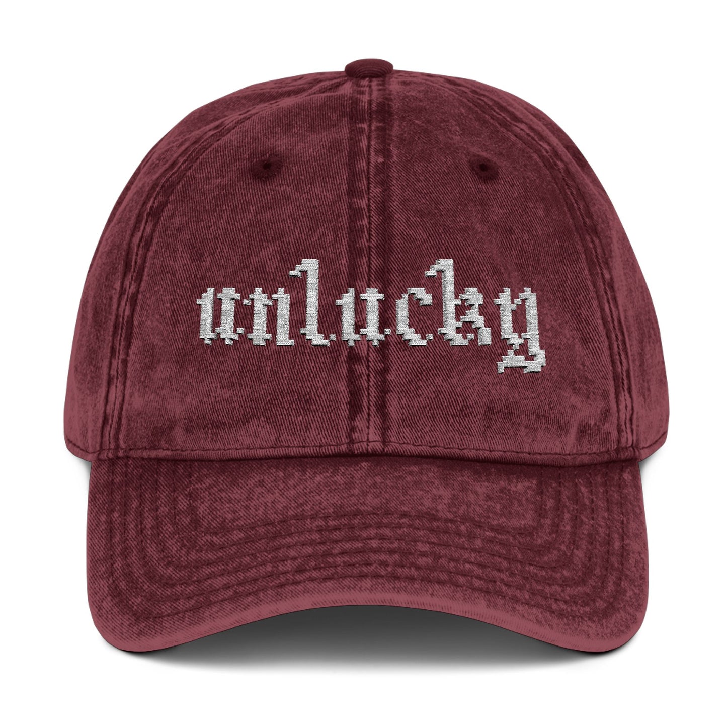 unlucky hat - white text.