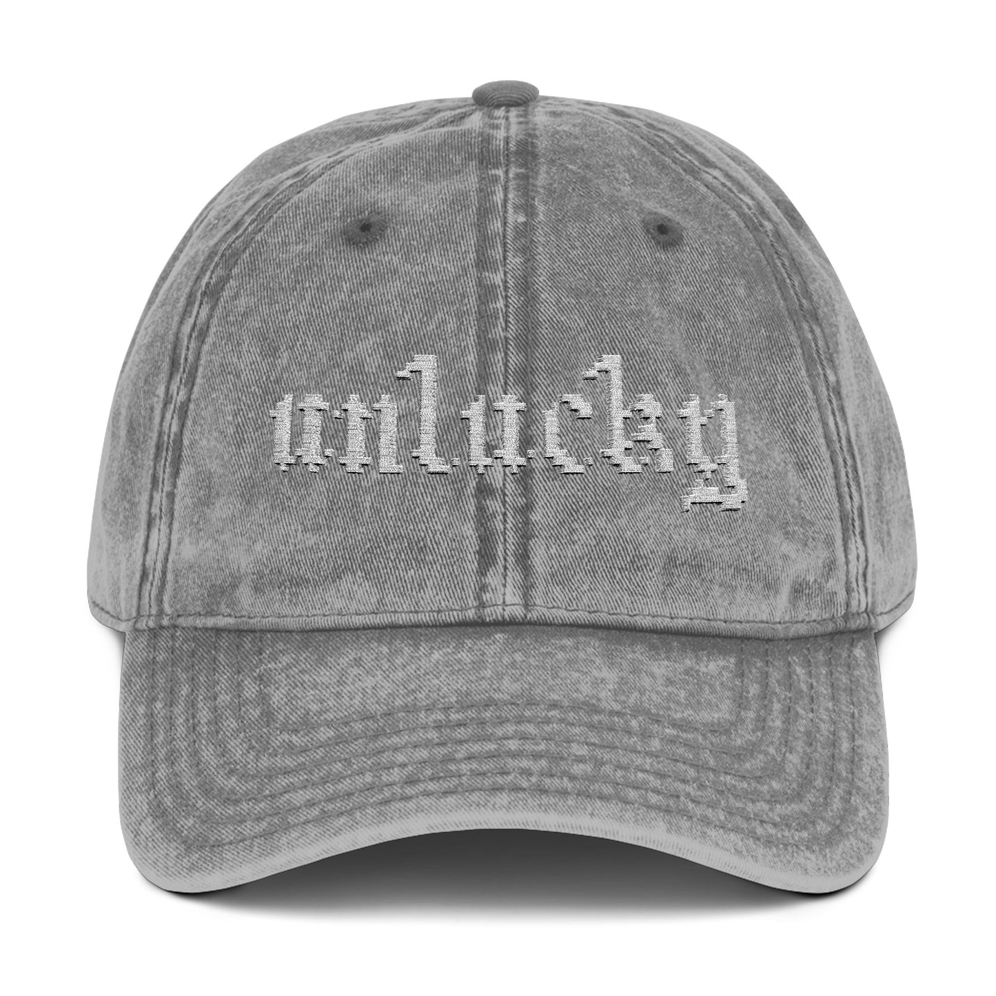 unlucky hat - white text.