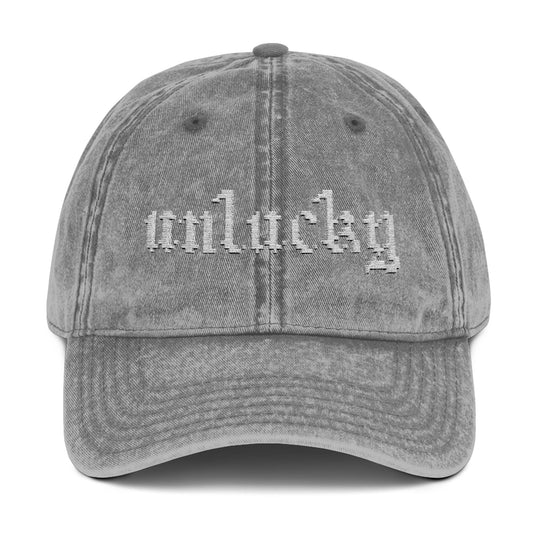 unlucky hat - white text.