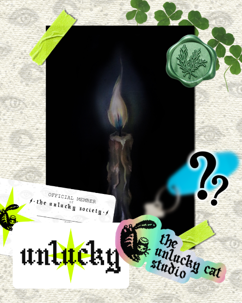 Collage with a candle, question mark, and 'unlucky' branding on a textured background.